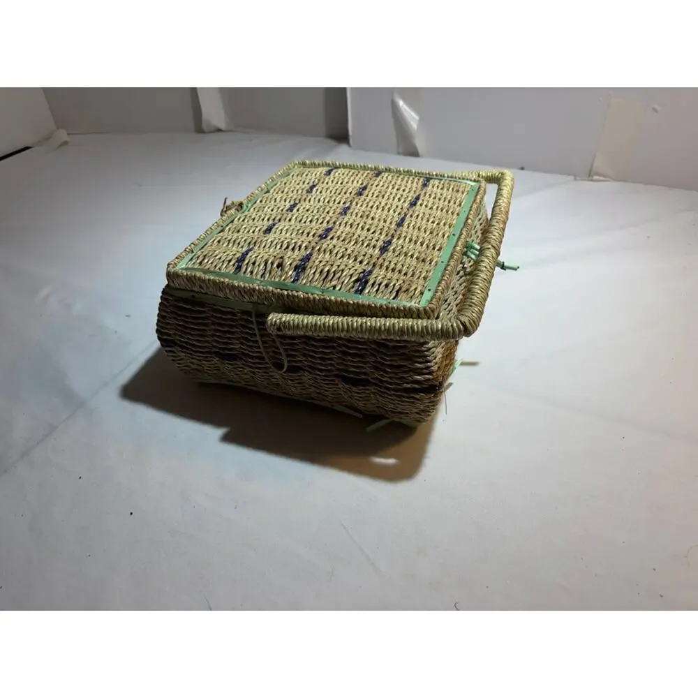 Vintage Woven Sewing Basket with Satin Lining